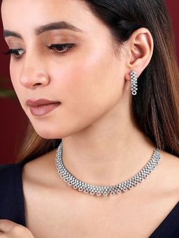Peora - Silver Plated Cubic Zirconia Studded Fancy Choker Necklace and Earrings Set