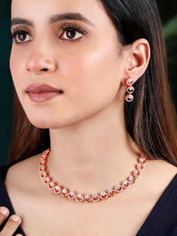 Peora - Rose Gold Plated Cubic Zirconia Studded Fancy Necklace and Earrings Set