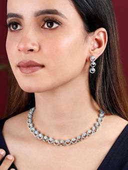 Peora - Silver Plated Cubic Zirconia Studded Fancy Necklace Earrings Set