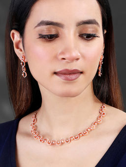 Peora - Rose Gold Plated Cubic Zirconia Studded Fancy Collar Necklace and Earrings Set