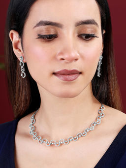 Peora - Silver Plated Cubic Zirconia Studded Fancy Collar Necklace and Earrings Set