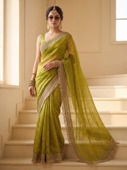 VAIRAGEE - Green Frendy Satin Butti Embroidered Saree with Unstitched Blouse