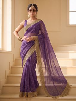 VAIRAGEE - Purple Frendy Satin Butti Embroidered Saree with Unstitched Blouse