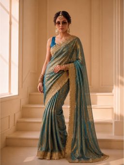 VAIRAGEE - Teal Frendy Satin Butti Embroidered Saree with Unstitched Blouse