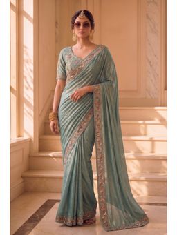 VAIRAGEE - Sky Blue Frendy Satin Embroidered Saree with Unstitched Blouse
