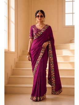 VAIRAGEE - Purple Frendy Satin Embroidered Saree with Unstitched Blouse