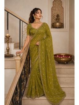 VAIRAGEE - Women's Green Frendy Satin Embellished Saree with Unstitched Blouse