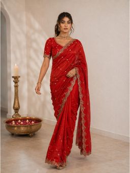 VAIRAGEE - Red Frendy Satin Embellished Saree with Unstitched Blouse