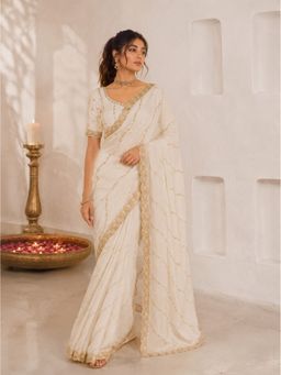 VAIRAGEE - Cream Frendy Satin Embellished Saree with Unstitched Blouse