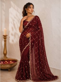 VAIRAGEE - Maroon Frendy Satin Embellished Saree with Unstitched Blouse