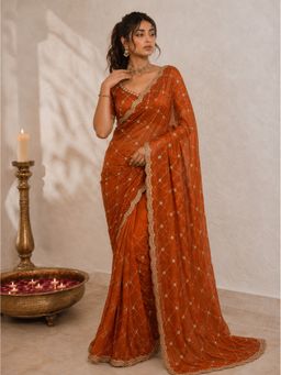 VAIRAGEE - Orange Frendy Satin Embellished Saree with Unstitched Blouse