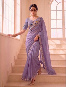 VAIRAGEE - Lavender Frendy Satin Embroidered Saree with Unstitched Blouse