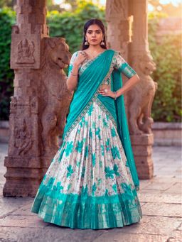 LooknBook Art - Teal Traditional Dola Chex Floral Printed Lehenga and Choli with Dupatta