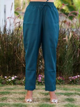 ARAMYA - Teal Chanderi Solid Pants for Women