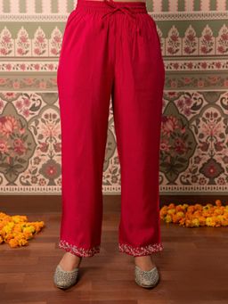 ARAMYA - Red Chanderi Solid Pants for Women