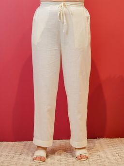 ARAMYA - Off White Slub Cotton Solid Pants for Women