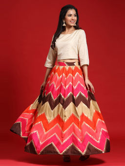 Juniper - Coral Silk Crepe Striped Print Lehenga Choli Set