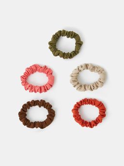 Accessorize London - Multi-Color Solid Synthetic Scrunchies Pack of 5)