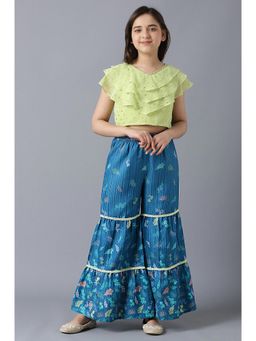 Aurelia - Girls Light Green Sleeveless Emboss Top with Blue Printed Sharara (Set of 2)