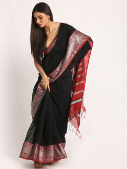 Angoshobha - Black Handloom Cotton Tangail Saree with Unstitched Blouse