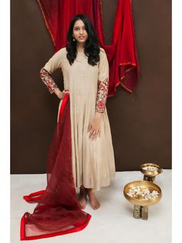 Finethreads by Hina & Nikhat - Beige Gauhar Anarkali with Pant and Dupatta
