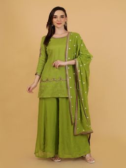 MILU MADAN - Leaf Green Beadwork Kurti with Palazzo and Dupatta