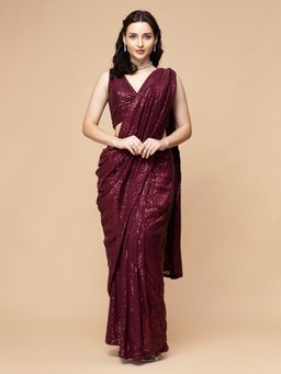 MILU MADAN - Wine Sequin Lycra Drape Saree with Stitched Blouse