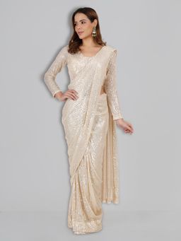 MILU MADAN - Ivory Sequin Lycra Saree with Stitched Blouse