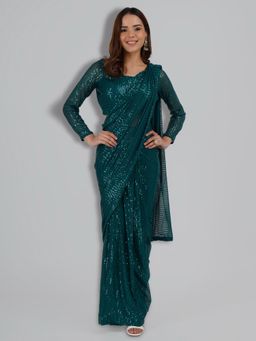 MILU MADAN - Bottle Green Sequinned Lycra Saree with Stitched Blouse