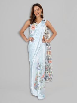 MILU MADAN - Sky Blue Satin Fish Cut Drape Saree with Unstitched Blouse