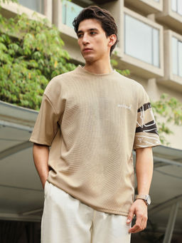 Campus Sutra - Mens Beige Boxy Folk-Wave T-Shirt