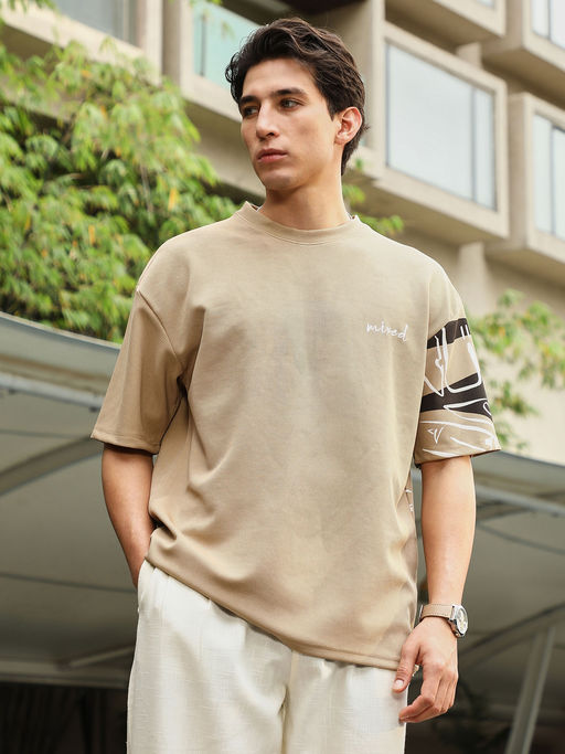 CAHOOT Mens Beige Boxy Folk-Wave T-Shirt