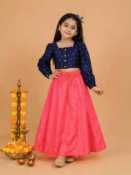 KiddoPanti - Girls Polyester Navy Blue-Pink Foil Printed Lehenga with Choli