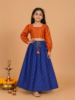 KiddoPanti - Girls Polyester Orange-Blue Foil Printed Lehenga with Choli