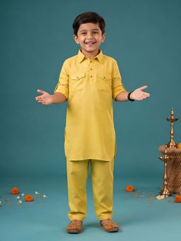 KiddoPanti - Boys Yellow Rayon Solid Pathani Kurta and Pyjama