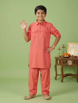 KiddoPanti - Boys Peach Rayon Solid Pathani Kurta and Pyjama