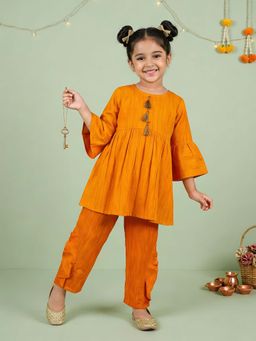 KiddoPanti - Girls Orange Polyester Solid Co-Ord Set
