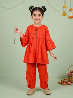 KiddoPanti - Girls Red Polyester Solid Co-Ord Set