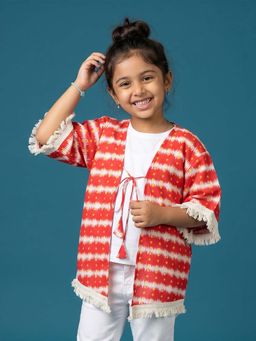 KiddoPanti - Girls Red Cotton Chevron Printed Lace Work Shrug