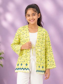 KiddoPanti - Girls Yellow Cotton Chevron Printed Tie-Up Shrug
