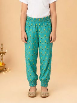 KiddoPanti - Girls Green Rayon Printed Smocking Harem Pant
