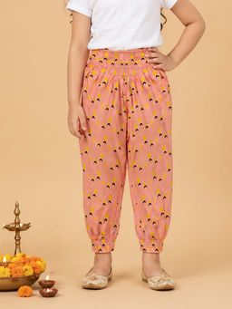 KiddoPanti - Girls Peach Rayon Printed Smocking Harem Pant