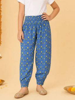 KiddoPanti - Girls Blue Rayon Printed Smocking Harem Pant