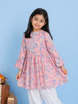 KiddoPanti - Girls Pink Rayon Floral Printed Empire Kurti