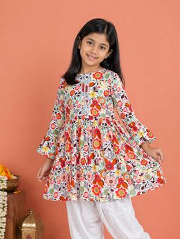 KiddoPanti - Girls Multi-Color Rayon Floral Printed Empire Kurta