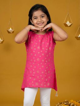 KiddoPanti - Girls Rayon Pink Foil Printed Kurti