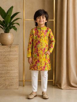 Misbis - Boys Yellow Floral Printed Kurta with Pyjama