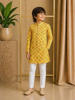 Misbis - Boys Yellow Printed Embroidered Kurta with Pyjama