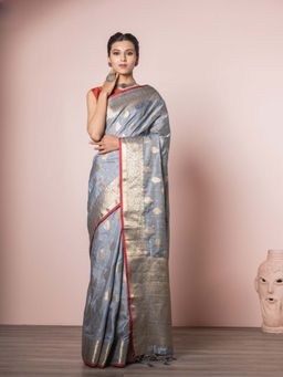EXCLUSIVA - Grey Tussar Silk Banarasi Woven Saree with Unstitched Blouse