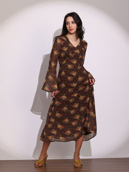 Globus - Women Brown V-neck Georgette Midi A-line Dress